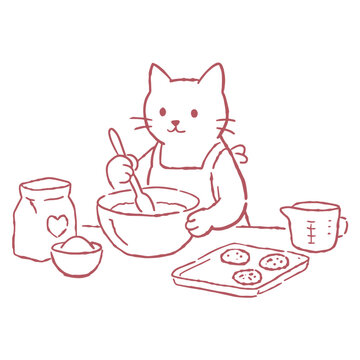 Dessin mignon d'un chat faisant la cuisine, chaton en tablier pr&eacute;parant des cookies, illustration vectorielle d'un animal suivant une recette