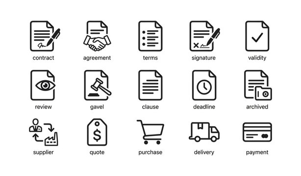 Contract icons showing agreements clauses delivery and payment