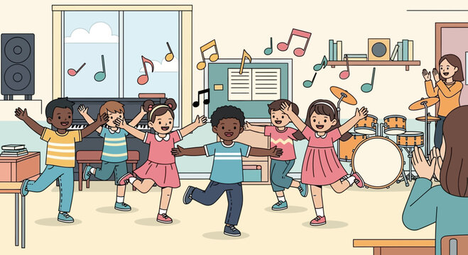 Children Enjoying a Lively Music Class Together.