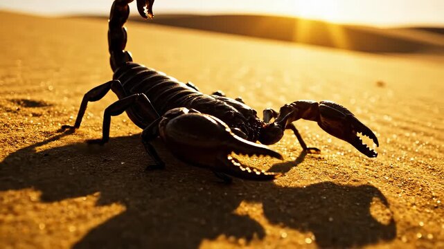 Glossy black scorpion on golden desert sand at sunset. Dangerous desert creature in natural habitat for wildlife or adventure content