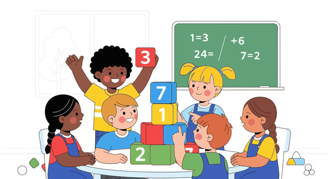 Diverse group of children learning math with colorful blocks.
