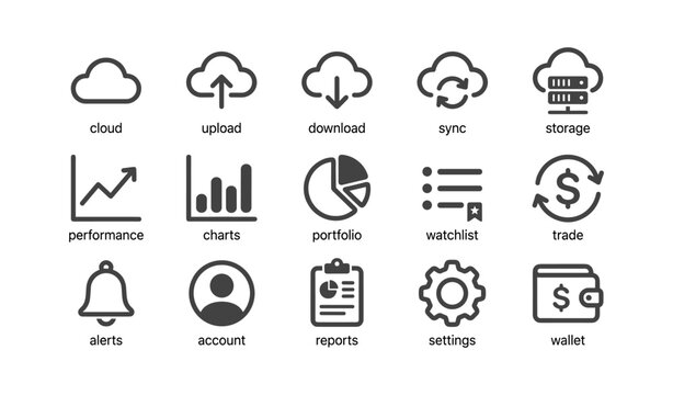 Cloud service and finance icons arranged in labeled grid