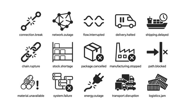 Supply chain disruption icons arranged on white background