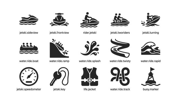 Jetski and water ride icons arranged on white background