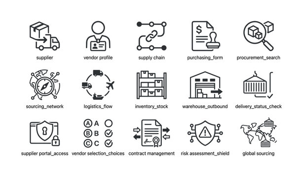 Procurement and supply chain icons arranged in grid layout