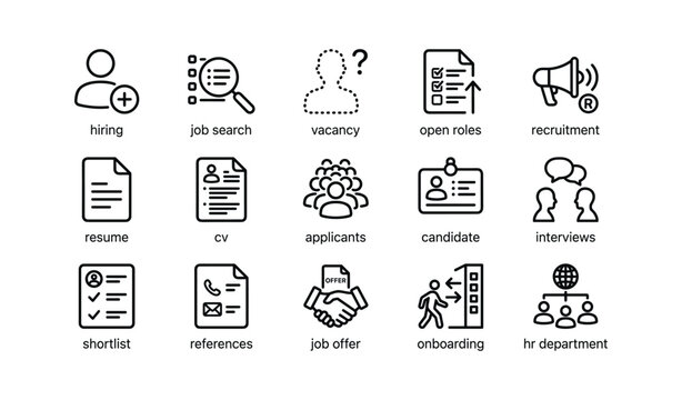 Hiring icons illustrating recruitment process on white background