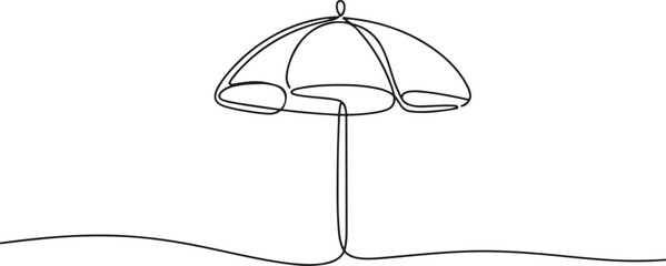 Beach umbrella, parasol for summer holiday, continuous one line drawing. Sunshade equipment. Summertime relax on coast of sea. one line Icon drawing © them