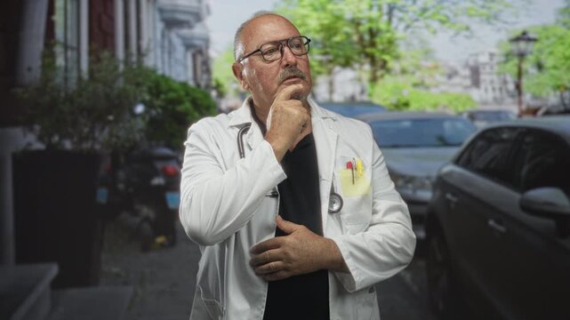 Man doctor in white labcoat with stethoscope and pens in pocket, hand on chin while standing by parked cars on street; thoughtful reflection.