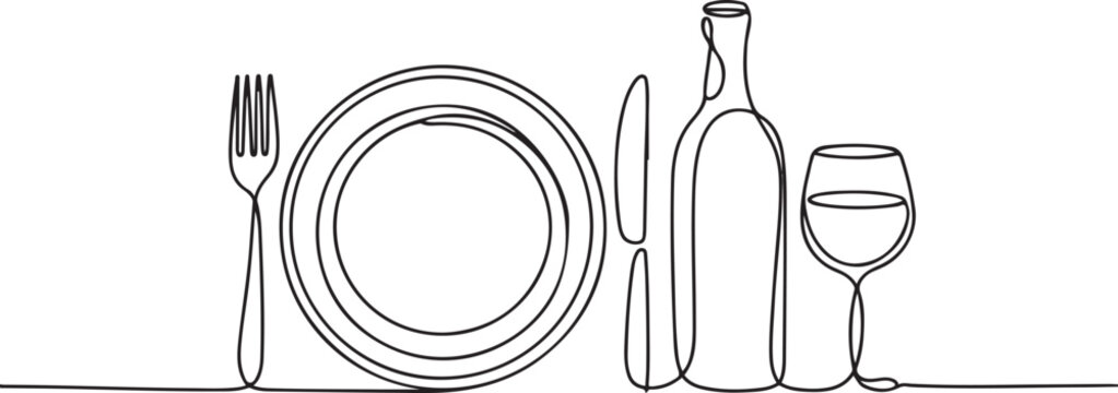 Continuous one line drawing of plate, fork, knife, bottle of wine and glass. Menu food design. one line Icon drawing