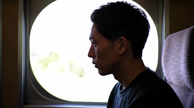 Young east asian man with dark hair pensively seated in dimly lit train interior, gazing out a round window with soft rim light, blurred world, art-house film aesthetic