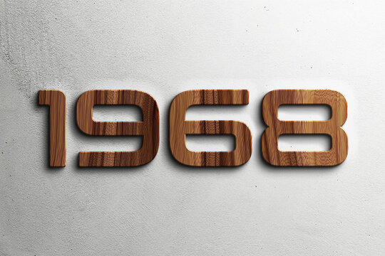 3D Wooden style Text Effect of number 1968 on white background.