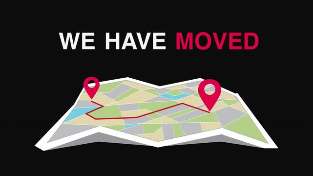 Company Relocation with Map Route. We Have Moved Animation