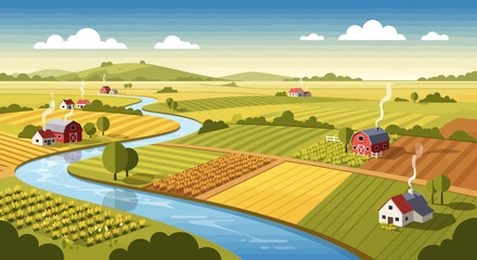 Naklejka premium Farmhouse and fields with river landscape.