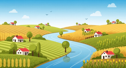 Naklejka premium Houses along a winding river landscape 10.