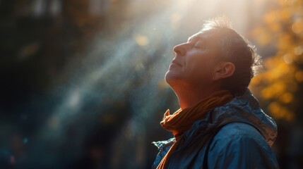 Obraz premium Mature man enjoying a refreshing mist spray in the warm sunlight outdoors