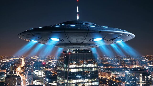 Alien UFO hovering over illuminated city skyline at night. 