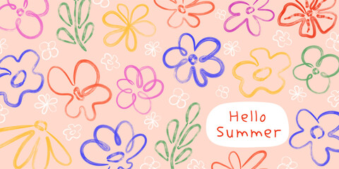 Fototapeta premium Summer banner of hand-drawn flowers on a pastel background. Botanical illustration for design and creative branding.
