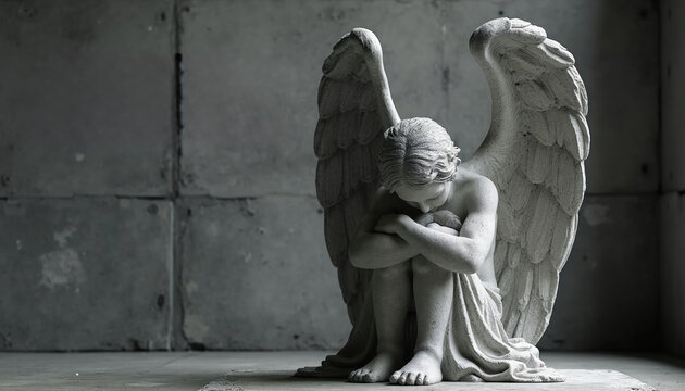 Stone angel statue with folded wings sits in sadness. Its head is bowed low in sorrowful pose. Sculpture conveys deep grief, mournful reflection in dark setting. This figure evokes feelings of loss.