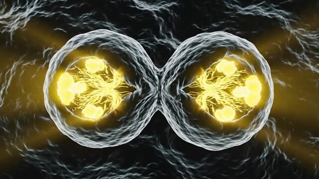 Biological Cell Microscopic 3d Animation With Glowing Golden Nucleus Dividing On Dark Organic Background