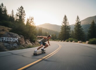 Obraz premium Skateboard, fast and mountain with man in road for speed, freedom and summer 