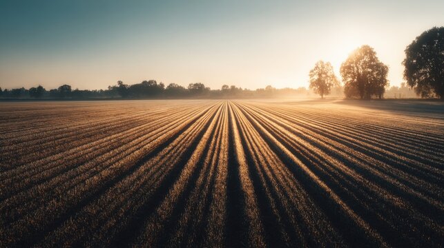 Stunning Sunrise Over Misty Agricultural Field with Warm Light and Clear Sky Captured in Early Morning Hours
