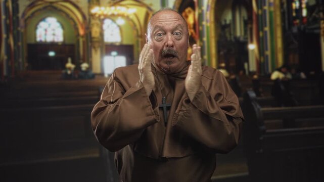 Man in brown robe with hands covering mouth and visible cross necklace inside a building; surprise contemplation.