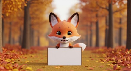 Fototapeta premium Cute Fox Holding Sign in Autumn Forest