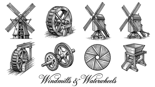 Vintage Engraved Illustration Set of Windmills and Waterwheels, Antique Wooden Milling Machinery, Gears, and Millstones in Traditional Sketch Style