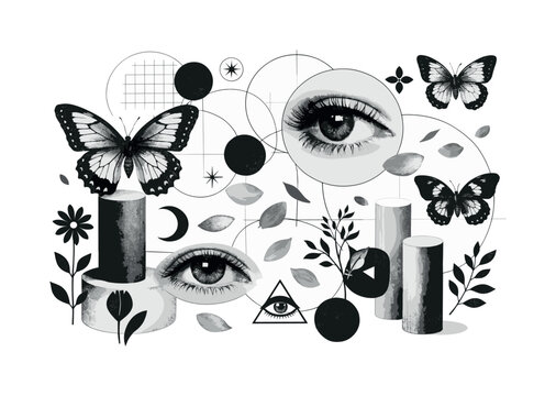 Surreal collage with butterflies, eyes, and geometric shapes
