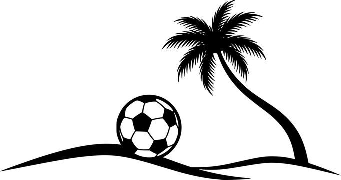 Soccer Players Header Competition Silhouette with Palm Trees, Isolated on White Background, Summer Beach Football Match Vector Illustration