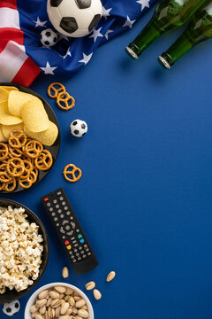 Football championship vertical viewing party with snacks, beer and American flag on blue background