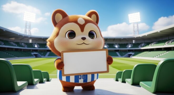 Cute Fox Mascot Holding Sign in Stadium