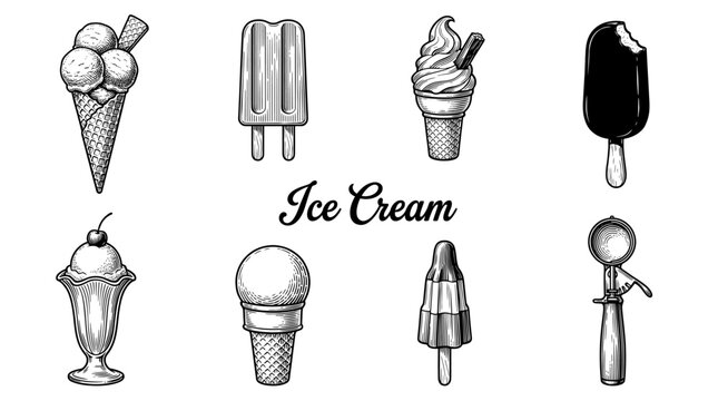 Hand Drawn Vintage Ice Cream and Frozen Treats Collection Vector Illustration. Set of Engraved Summer Desserts, Cones, Sundae, and Fruit Bars Isolated on White.