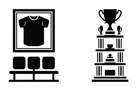 Sports memorabilia display with trophies and displayed jersey, championship
