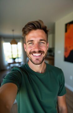 Young man takes selfie at home, smiling confidently at camera. Casual green t-shirt and neat beard. Background shows blurred living area with table and bright window.