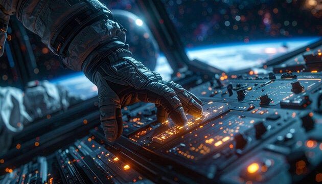 Hand in the cosmos: An astronaut's gloved hand interacts with the illuminated console inside a spaceship, against the breathtaking backdrop of space and the Earth's horizon. 