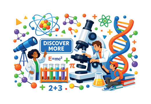 Children and adults explore science with microscopes, telescopes, and DNA models