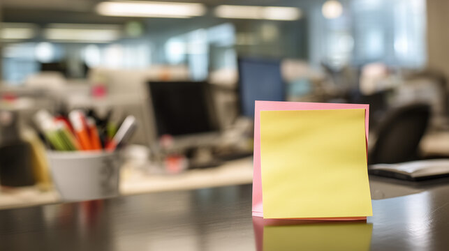 A yellow sticky note on a desk in a modern office setting with a blurred background of computers and office supplies
