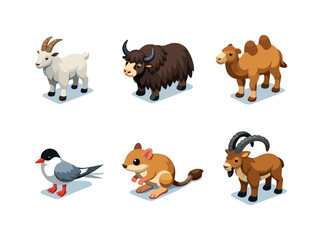 Obraz premium Collection of six isometric cartoon animals including a goat, yak, camel, bird, gerbil, and ibex