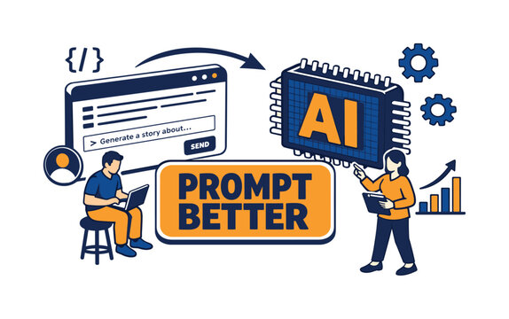 AI Prompt Studio clean focused isometric banner scene with two AI specialists spreading composition across full canvas edges, giant prompt window and oversized