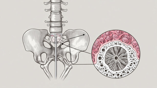 Detailed anatomical illustration of human spine and intervertebral disc structure with magnified view