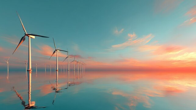 Tranquil Sunset Over Calm Waters with Wind Turbines Reflecting on Surface and Colorful Sky in Background