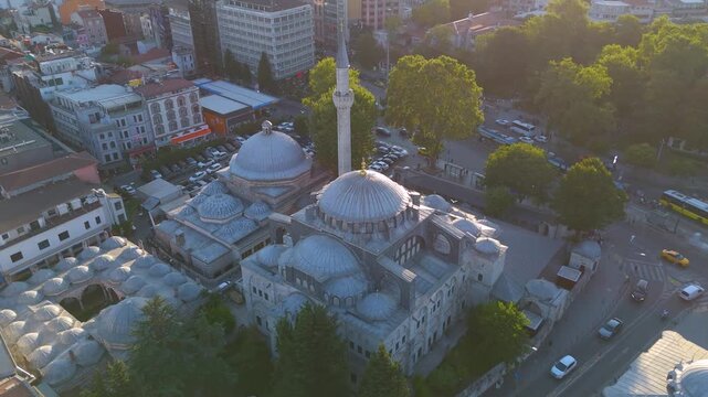 Istanbul, Turkey: A high-angle aerial drone shot of the historic Kilic Ali Pasa Mosque complex in the Tophane district.