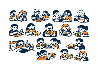 Fototapeta premium Diverse family members enjoying various breakfast meals together in a charming illustration