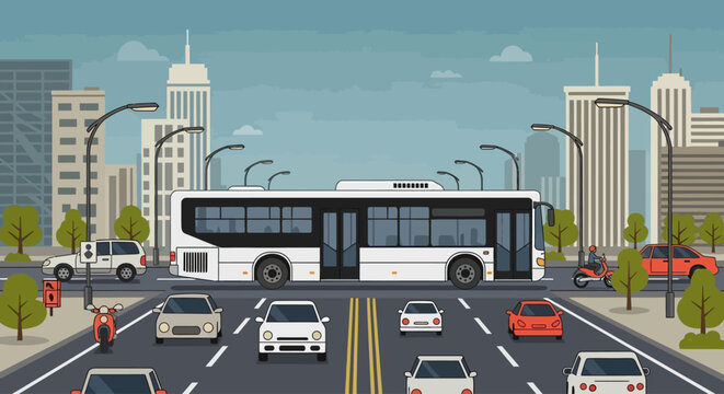 Urban transportation illustration featuring a city street with various vehicles including a bus, cars, and scooters