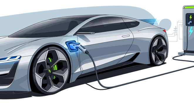 Futuristic electric car charging station, modern design concept for sustainable transportation