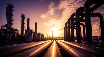 Fototapeta premium Industrial oil refinery plant at sunset with pipes and storage tanks.