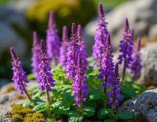 Obraz premium Spiked purple speedwell flowers grow in a rock garden. Lush green leaves surround the blooming plants. Soft light illuminates petals and stems. Tiny buds add texture.