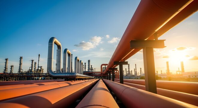 Industrial pipeline infrastructure at an oil refinery during a beautiful sunset.