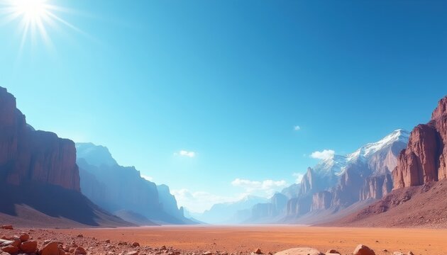 Vast desert canyon with towering red rock formations under a bright blue sky. Snow capped mountains visible in distance. Dry arid terrain stretches to horizon.